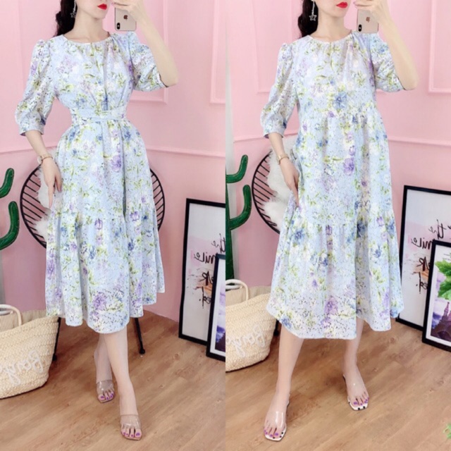 Đầm maxi hoa đi tiệc đuôi cá, váy bầu dạo phố ren hoa xếp tầng tay phồng