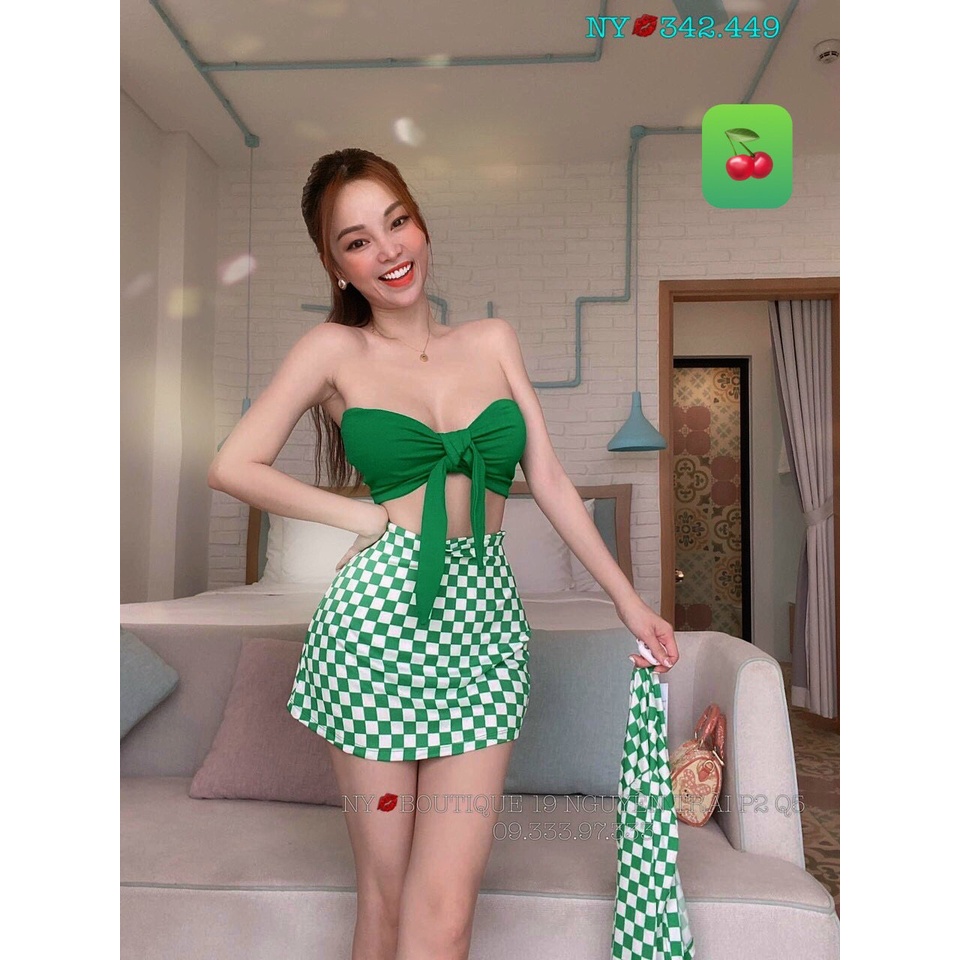 Sét 3 món áo ống nơ phối chân váy caro kèm áo khoác cực hot , chất thun gân dày dặn mk