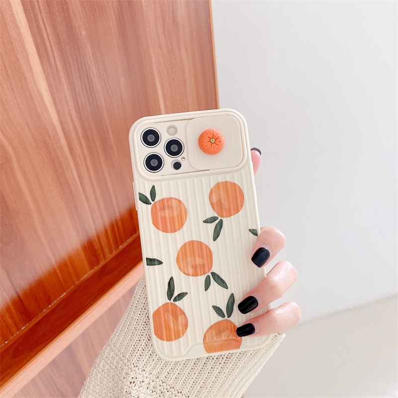Ốp Điện Thoại Silicon Chống Va Chạm Có Thanh Trượt Cửa Sổ In Hình Quả Cam / Đào Cho iPhone 13 12 11 Pro Max XS Max