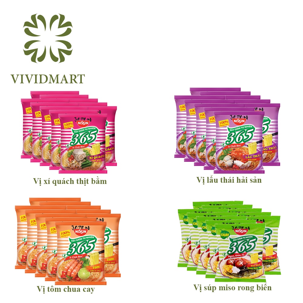 MÌ 365 KHÔNG CHIÊN 4 VỊ: XÍ QUÁCH THỊT BẰM, TÔM CHUA CAY, LẨU THÁI HẢI SẢN, SÚP MISO RONG BIỂN NHẬT - NISSIN