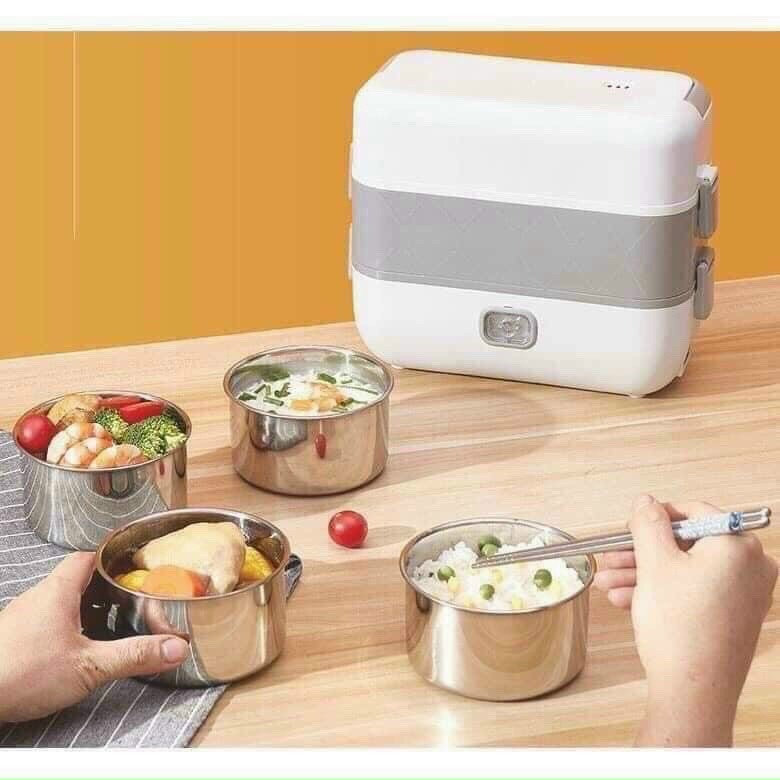 Hộp cơm cắm điện 2 tầng 4 ngăn inox giữ nhiệt hâm đóng và tự nấu chín thức ăn, Cà Men Đựng Cơm Đi Làm.