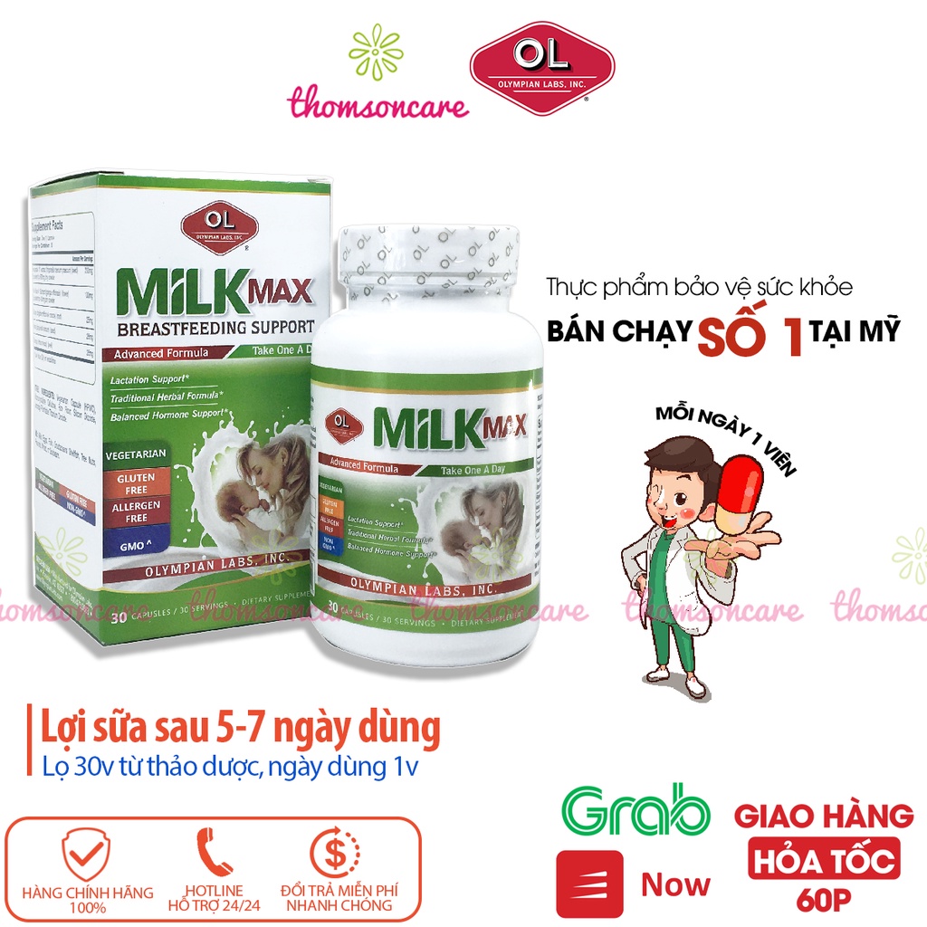 Viên lợi sữa Milk Max từ Olympian Labs nhập khẩu từ Mỹ, kích sữa cho mẹ sau sinh, cho con bú Hộp 30v