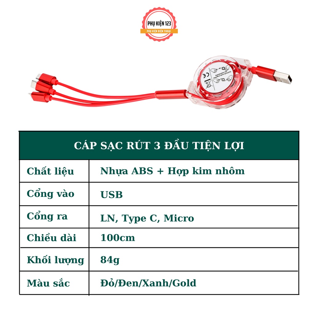 Dây sạc đa năng 3 đầu tiện dụng đầu sạc tương thích  LN,TYPE C,MICRO chống rối