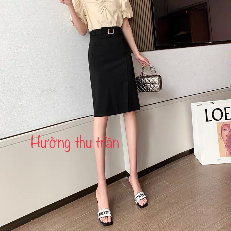Chân váy công sở dáng suông xẻ trước phối đai trẻ trung phong cách đi làm, phối đai vuông d58cm