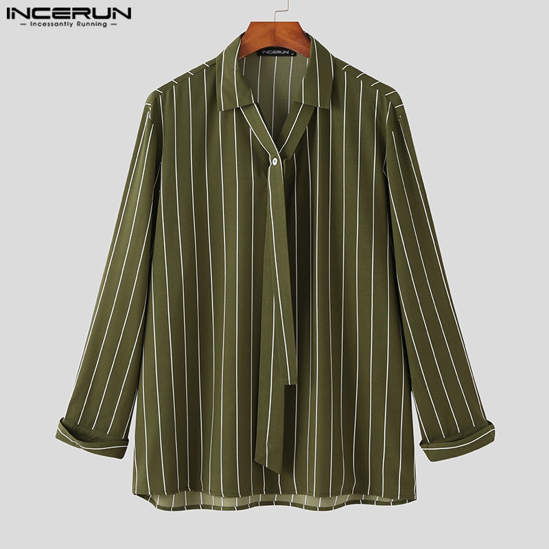 Áo sơ mi INCERUN tay dài cổ V kẻ sọc dọc kiểu cổ điển cho nam