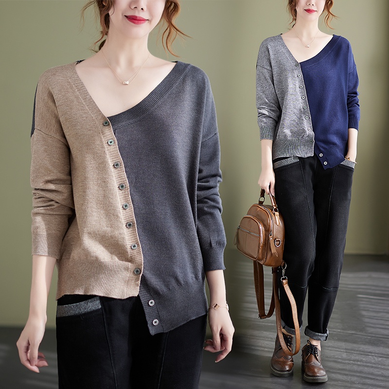 B120 Áo len bigsize cúc cài lệch phối 2 nửa màu thời trang;