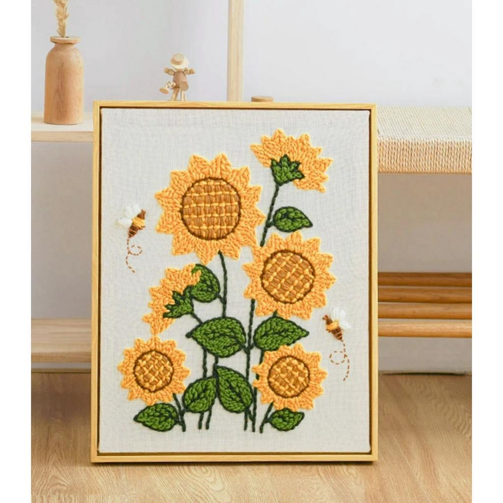 Bộ Thêu Len Xù Nổi- HOA HƯỚNG DƯƠNG - Punch Needle- Tranh gỗ treo tường, tranh decor, tranh th