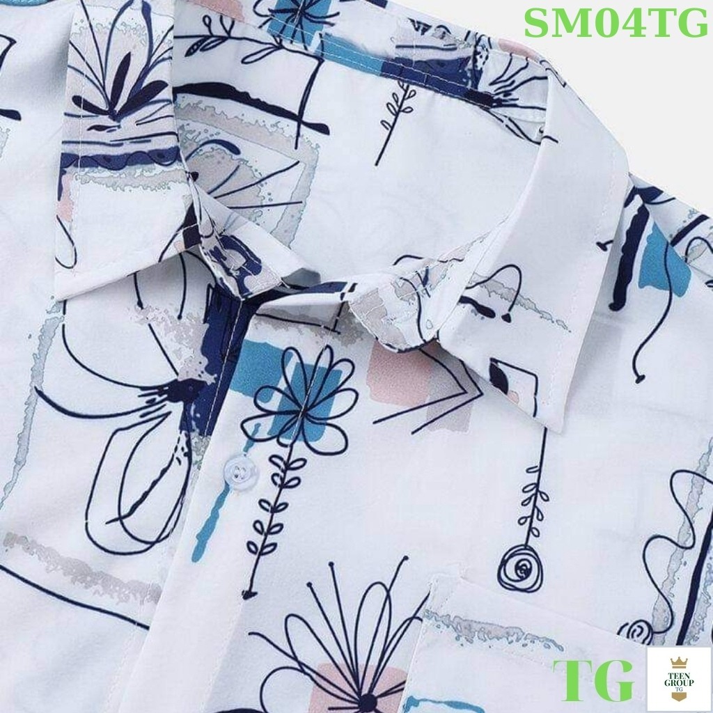 Áo sơ mi nam chất lụa tay ngắn hoạ tiết trắng hoa lá cá tính TENJI  SM04TJ 6 (44 - 72KG)