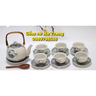 Bộ ấm chén Bát Tràng cao cấp vẽ hoạ tiết cá