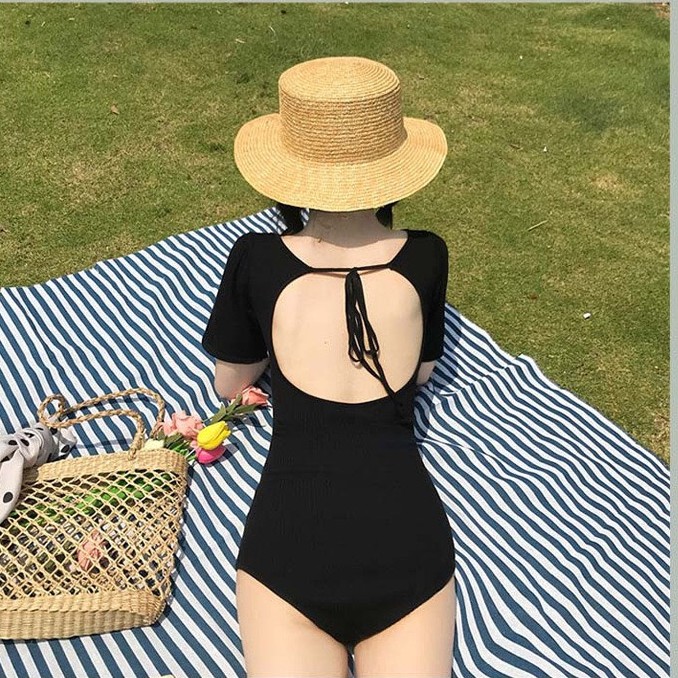 [LOẠI ĐẸP + HÌNH THẬT] Set bikini 1 mảnh tay ngắn khoét lưng THUN GÂN (có sẵn mút ngực) | BigBuy360 - bigbuy360.vn