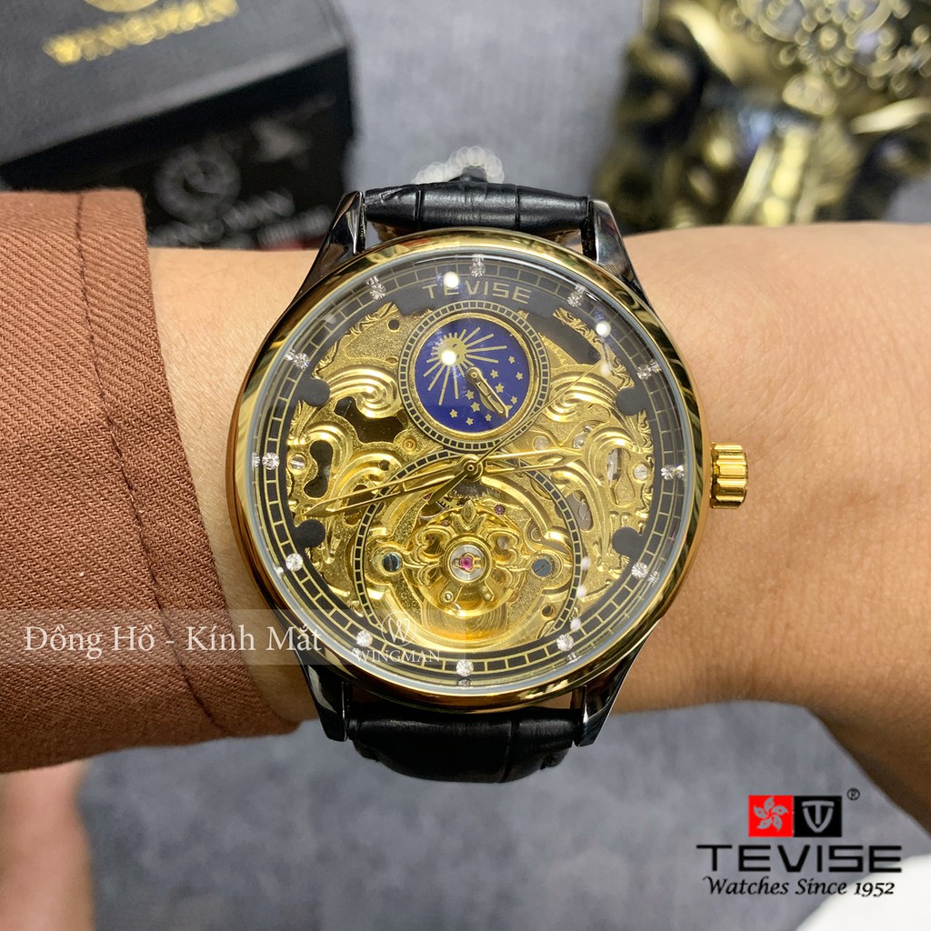 Đồng hồ cơ nam dây da cao cấp Tevise T820A-1 full box, mặt kính sapphire chống xước, chống nước, bảo hành 03 năm