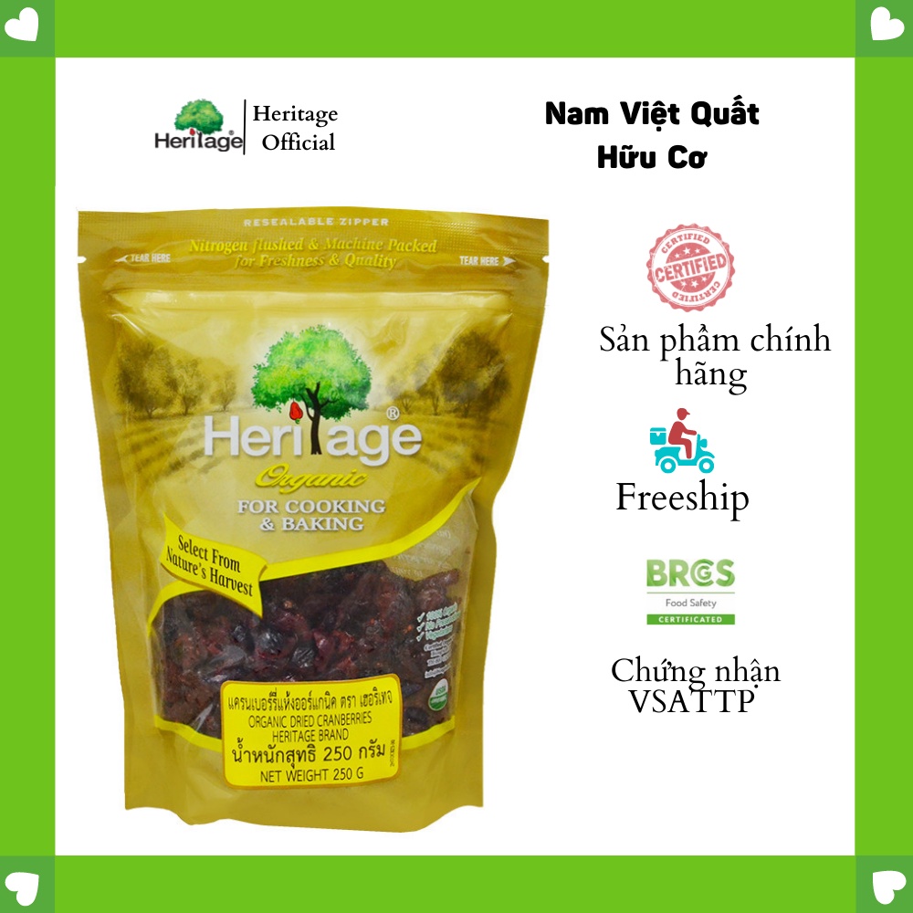 Quả Nam Việt Quất Sấy Khô Hữu Cơ Heritage Nguyên Liệu Mỹ gói 250g - Organic Dried Cranberries