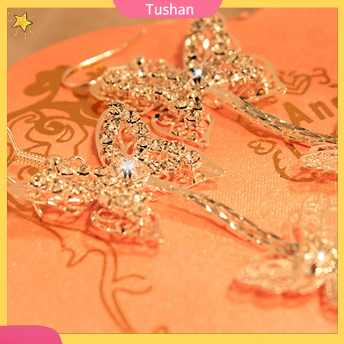Cặp khuyên tai dây tua dài hình bướm đính đá thời trang cho nữ