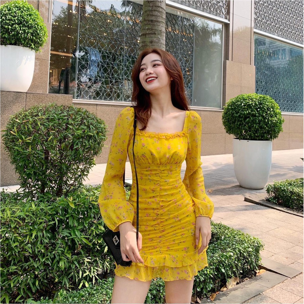 [HÀNG MỚI LẠI VỀ] ĐẦM HOA NHÍ LỤA VOAN CỔ VUÔNG TAY DÀI THÂN NHÚN VÁY HOA NHÍ XINH -hình thật shop chụp XINH XẮN