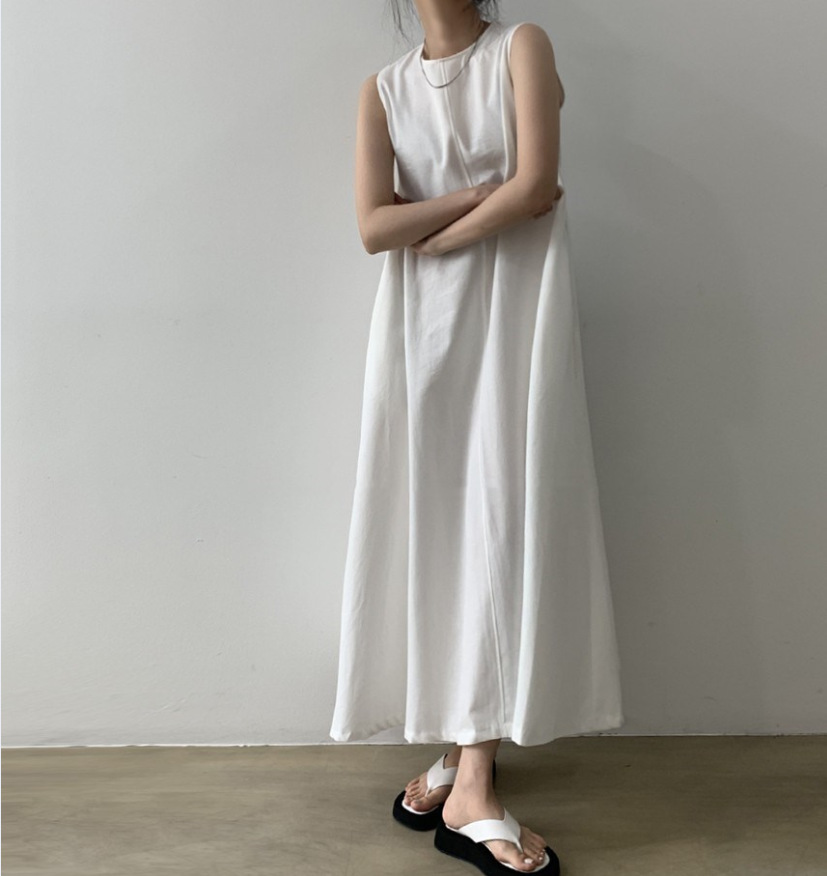 Đầm Cotton Sát Nách Dáng Rộng Dài Qua Gối Kiểu Hàn Quốc Dễ Thương Cho Nữ