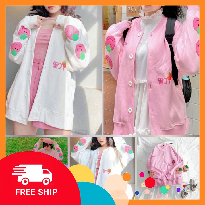 ÁO KHOÁC NỮ CARDIGAN HOODIE NỈ HÌNH QUẢ DÂU SIÊU CUTE FREESIZE 40-60kg