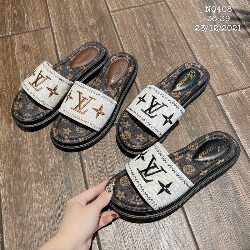 Dép Lv quai thêu đế cao 3cm