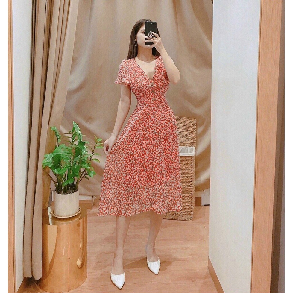 ĐẦM HOA NHÍ ĐỎ CỔ TIM PHỐI NÚT GỖ TAY LỠ DÁNG XÒE-hình thật shop chụp