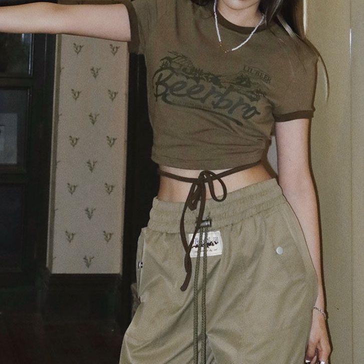 Áo Thun Ngắn Tay Phối Dây Phong Cách Retro Thời Trang Cho Nữ 2022