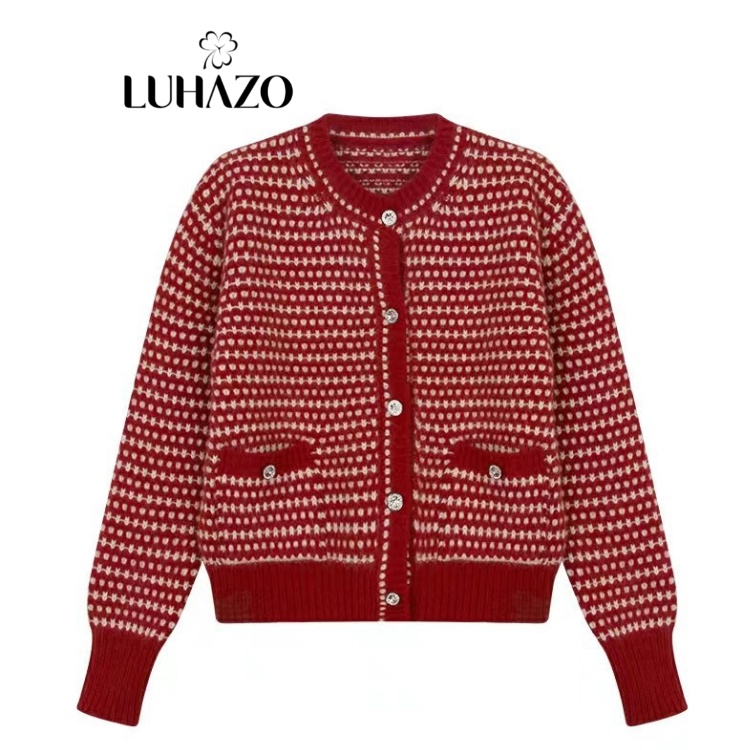 Áo khoác len cardigan nữ tay dài 2 màu tương phản caro ziczac cổ tròn lông thỏ mềm mịn LUHAZO hàng Quảng Châu đẹp