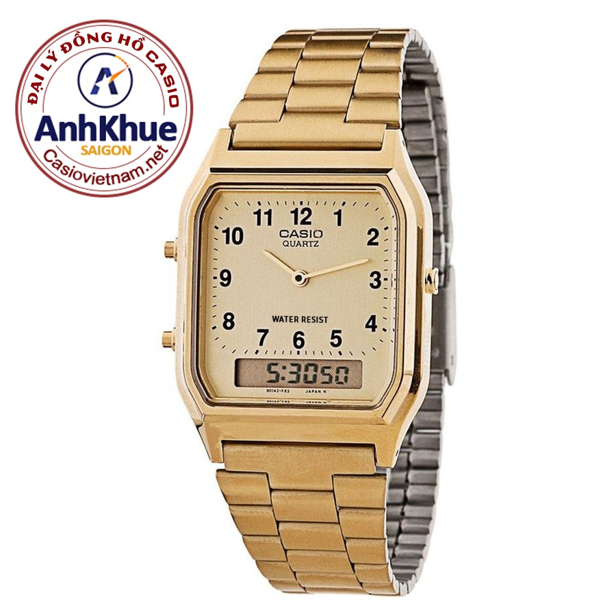 Đồng Hồ Casio Unisex - Nam - Nữ Vintage - AQ-230GA-9B - Điện Tử - Dây Kim Loại Mạ Vàng
