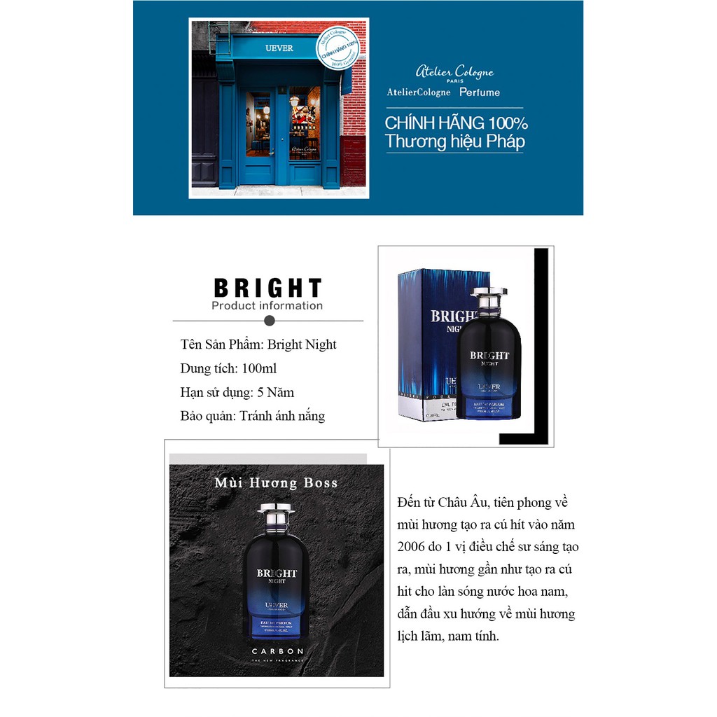 Nước hoa nam cao cấp BRIGHT NIGHT Cologne thương hiệu Pháp UEVER 100ml lưu hương 8 tiếng | BigBuy360 - bigbuy360.vn