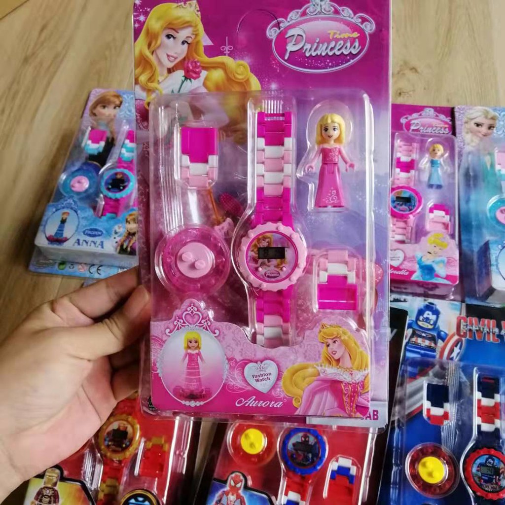 Đồng hồ Lắp ghép nhiều mẫu Spiderman Iron man Captain America Elsa Cinderella Aurora Anna