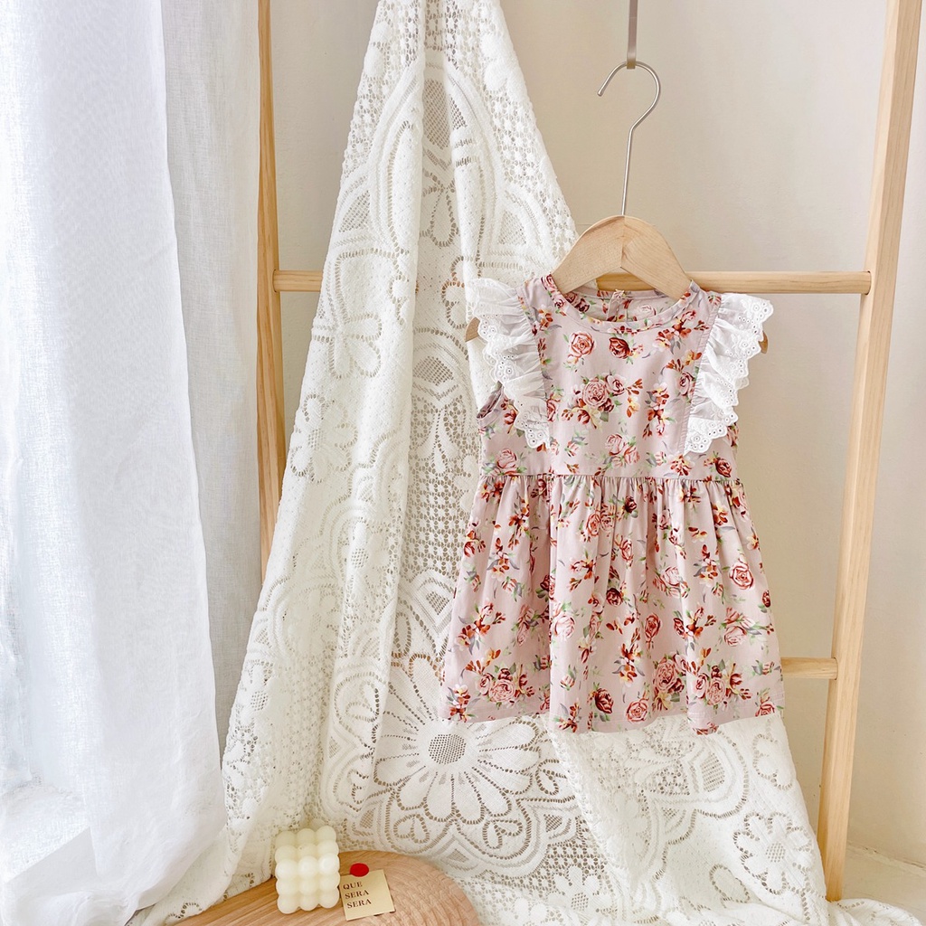 Đầm công chúa Sanlutoz không tay vải cotton phối ren hoa thời trang hè dễ thương cho bé gái sơ sinh