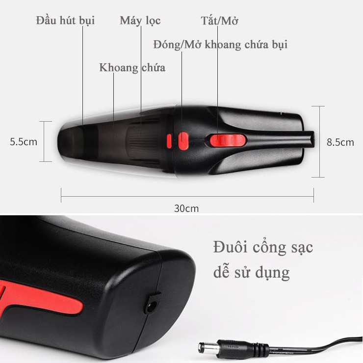 Máy hút bụi cầm tay AIKEISI tẩu nguồn 12V ô tô - Máy hút bụi mini đa năng sạc pin, Pin Sạc 2600mAh, Bền