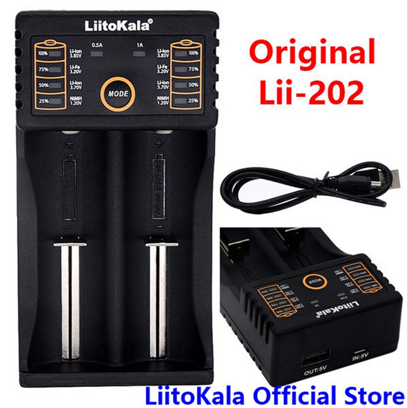 Liitokala 2 Pcs Battery Charger: 1 Pcs Lii-100B Battery Charger for 18650 26650 Ni-Mh Nicd Rechargeable Battery & 1 Pcs Lii-202 5V 2A Battery Charger