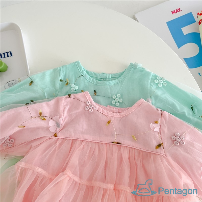 Áo Liền Quần Tam Giác Tay Dài Vải Lưới Mềm Thêu Họa Tiết Thổ Cẩm Dễ Thương Cho Bé Gái Sơ Sinh