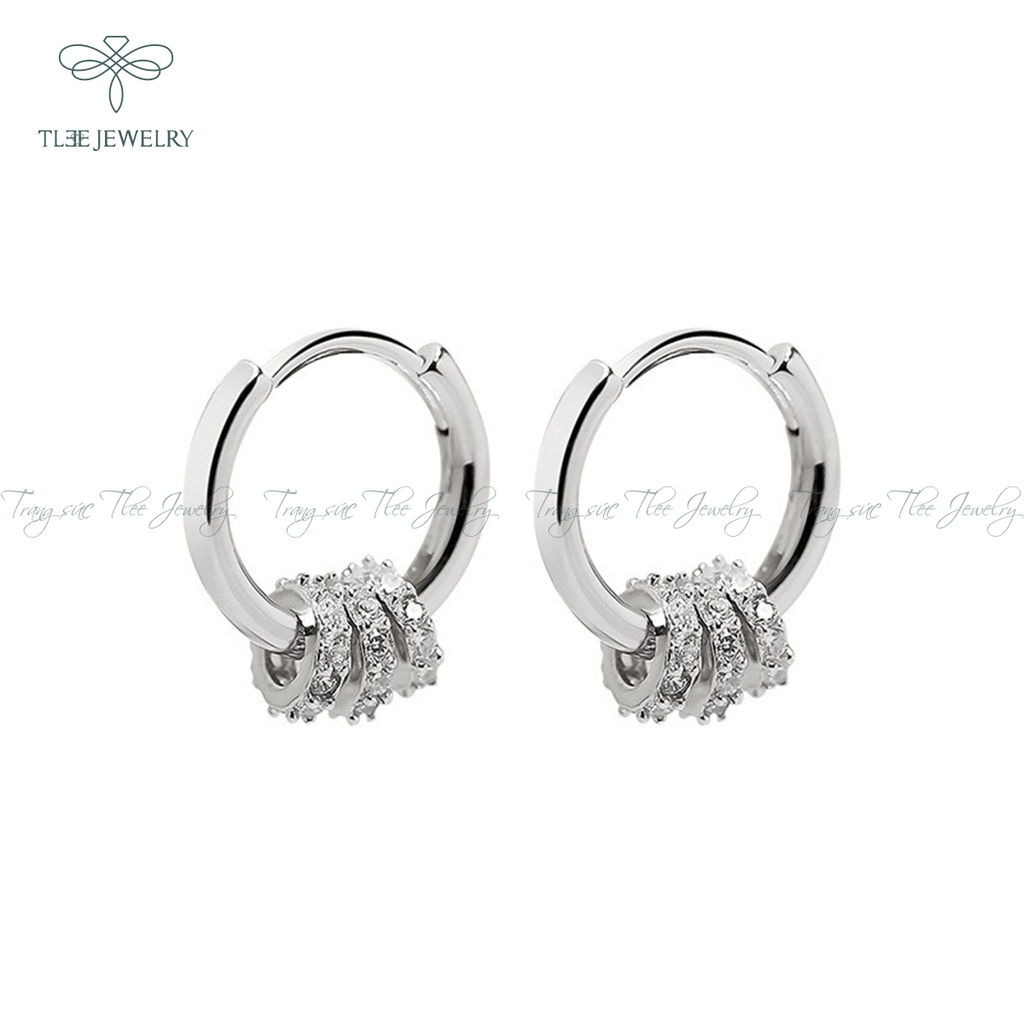 Khuyên tai bạc nữ TLEE tròn trơn mix ba vòng tròn nạm đá NCJ B0113