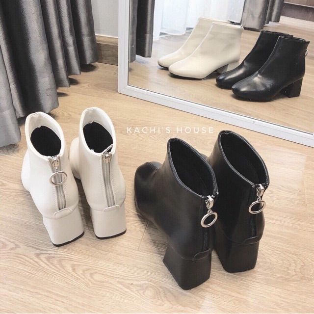 BỐT NỮ HÀN QUỐC Boot da gân giữa gót vuông khóa sau 2 màu Móc Tròn và Dây Dài