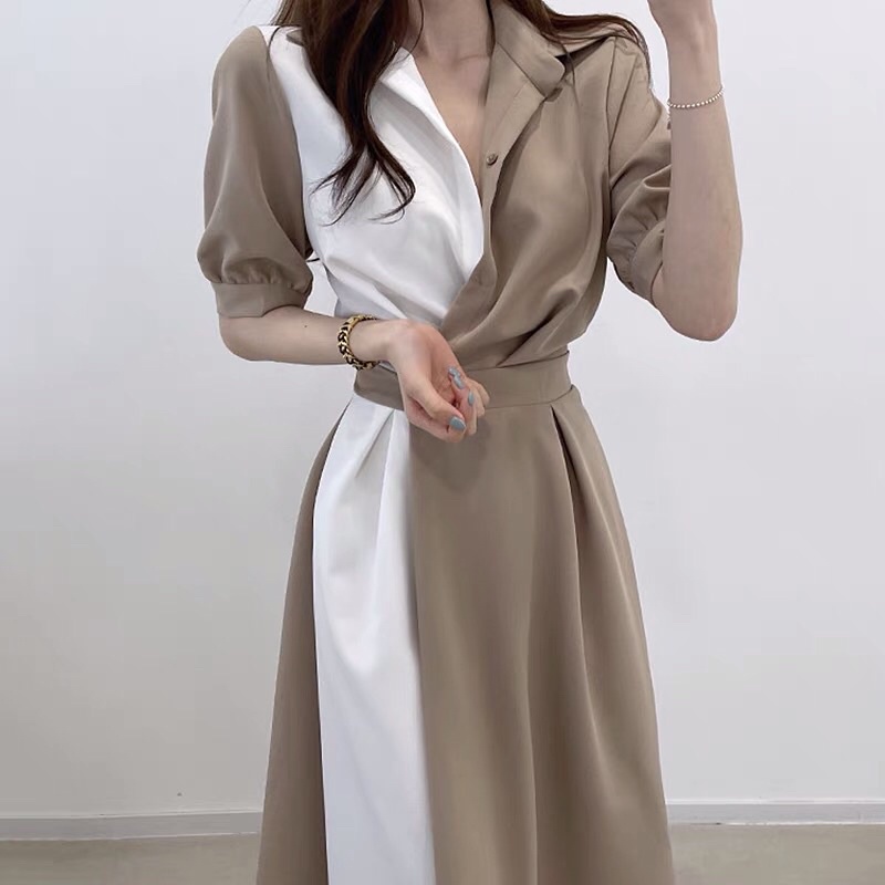 Váy sơ mi phối màu cúc cài chun sau nhấn eo tay lỡ