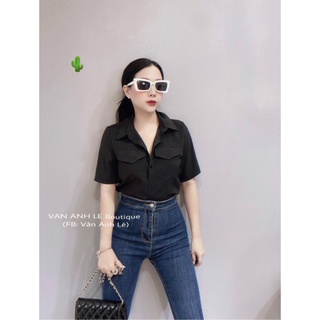 🍓 Áo sơ mi nữ lật tay phối 2 túi hộp Kate Thái