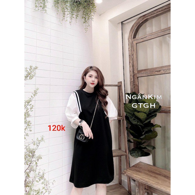 (ảnh thật) Váy bầu cotton đen phối kẻ tay voan Đầm thiết kế dáng suông freesize 48-70kg