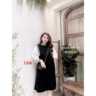 Váy bầu cotton đen phối kẻ tay voan Đầm thiết kế dáng suông freesize 48-70kg