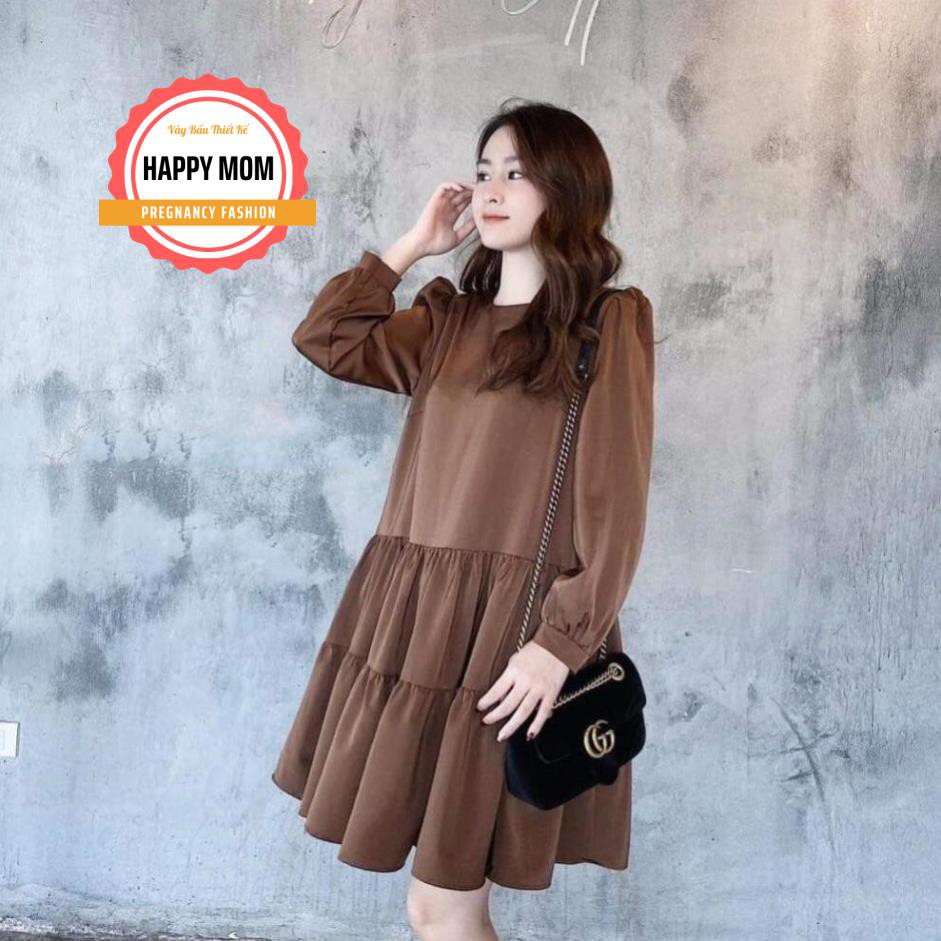 Váy bầu thu đông dài tay xòe 2 tầng chất lụa hàn châu freesize từ 45 đến 70kg