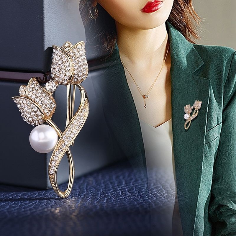 Ghim Cài Áo Hình Hoa Tulip Đính Ngọc Trai / Kim Loại Trang Nhã Thời Trang Cho Nữ