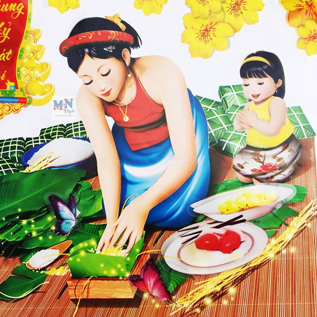 Decal 3D (sticker) dán kính Việt Nam trang trí Tết (mẫu Gói bánh chưng 20)