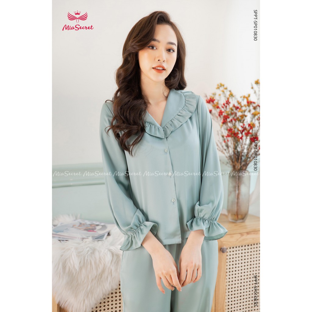 Bộ Đồ Ngủ Pijama Mia Secret Lụa Tằm Băng Cao Cấp - Cổ V Bèo Xanh Ngọc Dài Tay - SP14505995