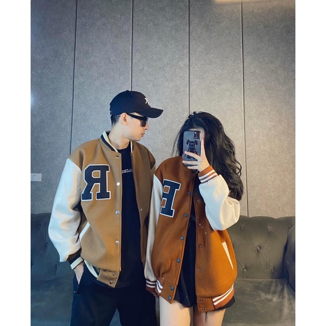 Áo Khoác Bomber Unisex Dạ 2 Lớp Chữ R Phối Màu Cá Tính