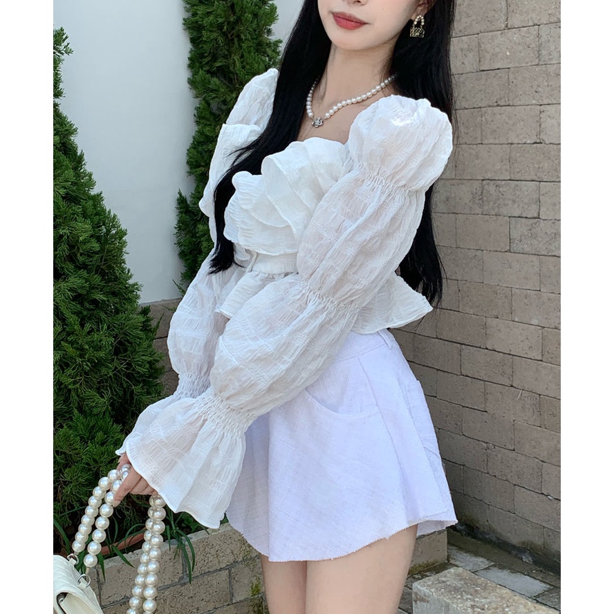 Áo sơ mi dài tay ống loe dáng ngắn phong cách Pháp thời trang cho nữ