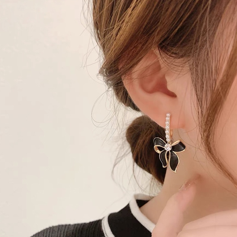 Bông Tai Mạ Bạc 925 Hình Nơ Đính Ngọc Trai Phong Cách Retro Hàn Quốc