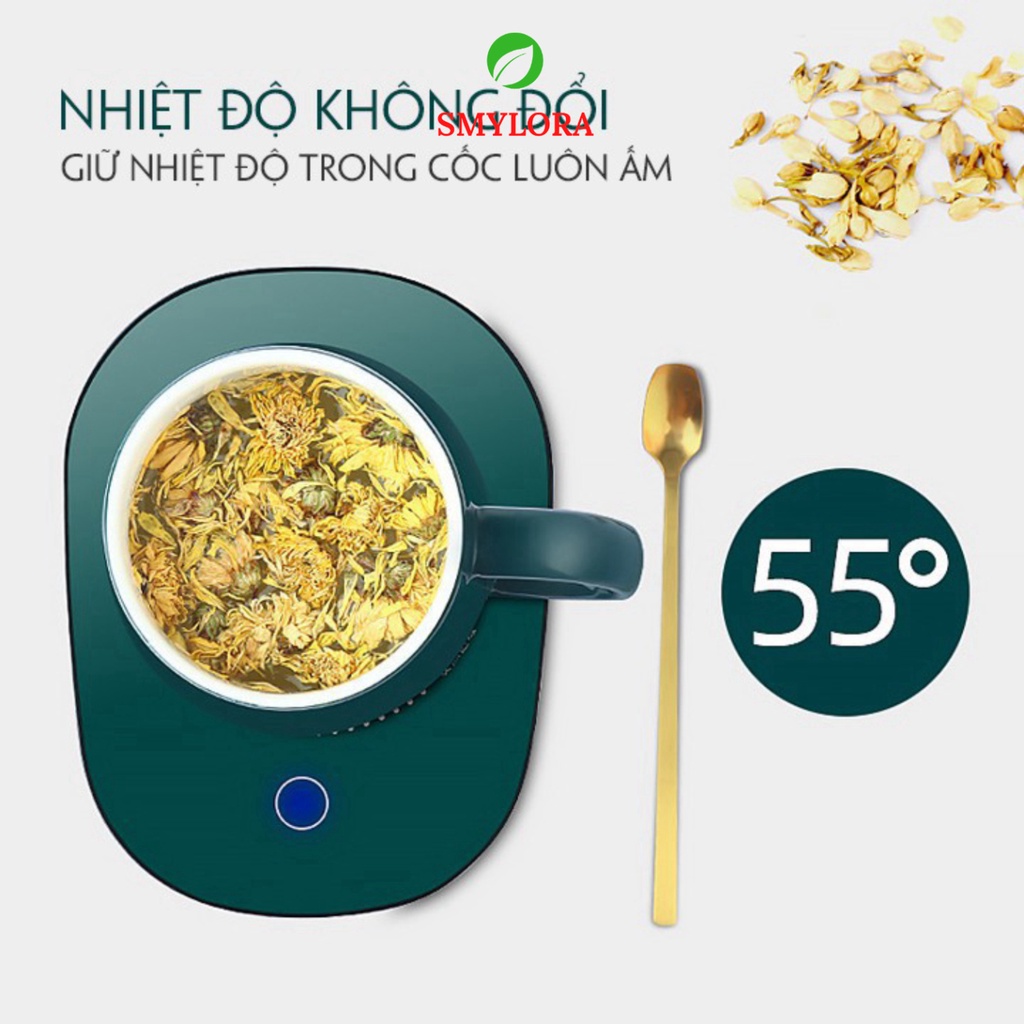 Cốc Giữ Nhiệt Kèm Đế Hâm Nóng Và Giữ Nhiệt Đồ Uống Tặng Kèm Thìa Mạ Vàng,Hâm Nóng Trà Cafe, Sữa