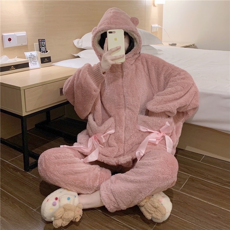 Sét Bộ Cute Lông Mềm Hình Gấu , Sét Bộ Lông Gấu Mặc Ngủ Siêu xinh Dày Ấm