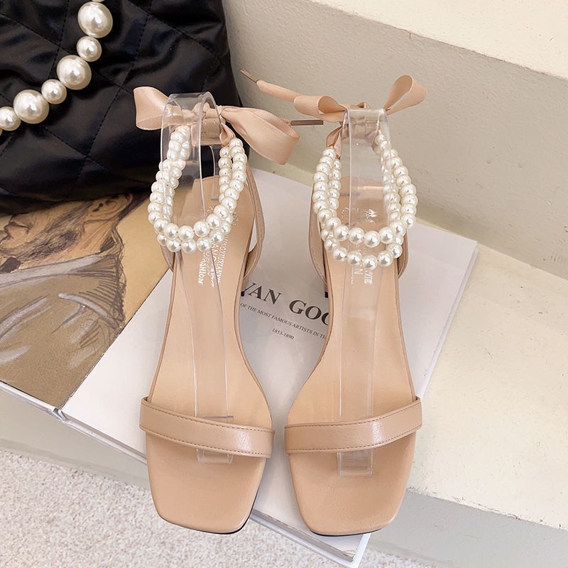 Giày nữ quai ngang đế vuông 7cm thắt nơ lụa đính ngọc siêu xinh