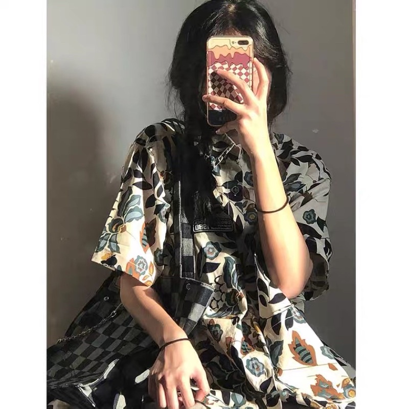 Áo sơmi hoạ tiết hình retro vintage áo khoác sơ mi form rộng