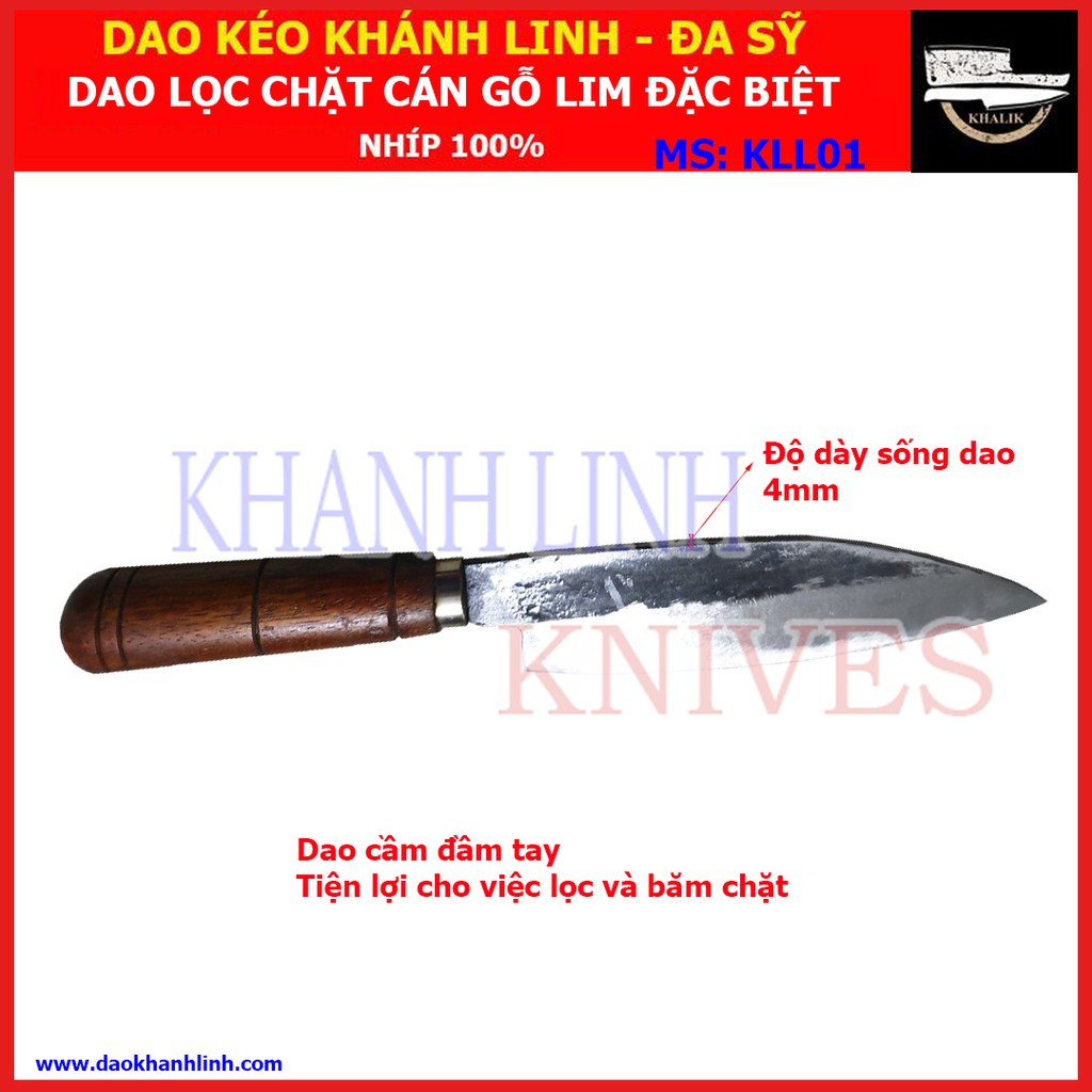 Dao nhọn đa năng (lọc thịt, thái, băm, chặt) bằng nhíp xe 100%, cán gỗ lim - Dao Khánh Linh - Đa Sỹ KLL01