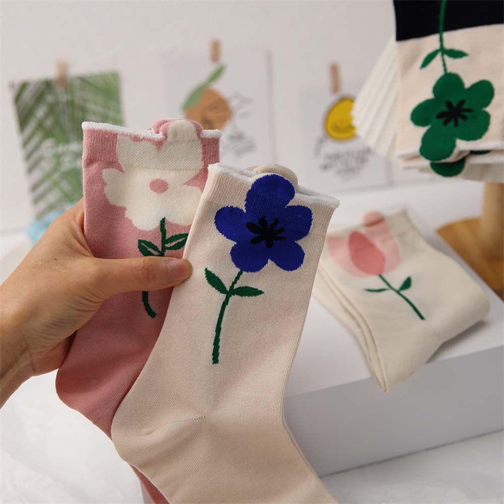 QQMALL Vớ Cotton Cổ Cao Thoáng Khí In Họa Tiết Hoa Tulip Dễ Thương Thời Trang Mùa Hè Cho Sinh Viên